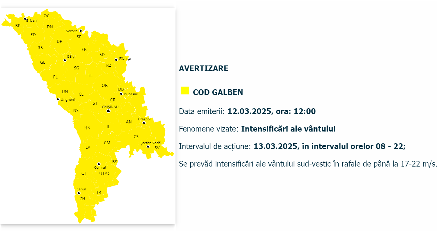 Atenție! Cod Galben de intensificări ale vântului, cu rafale de până la 80 km/h