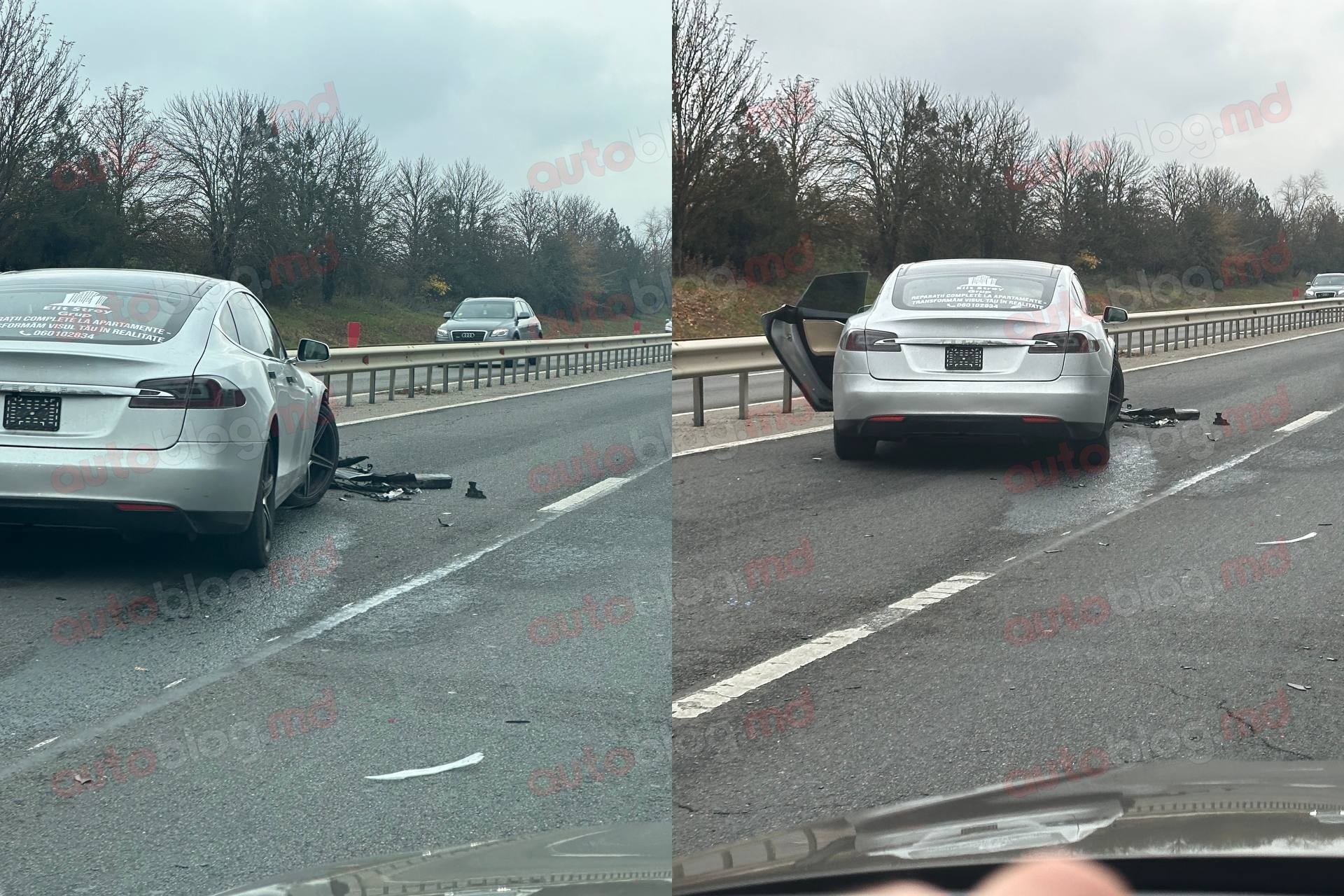 Accident lângă Stăuceni. O Tesla a intrat puternic în spatele unui Logan folosit pentru instruire auto