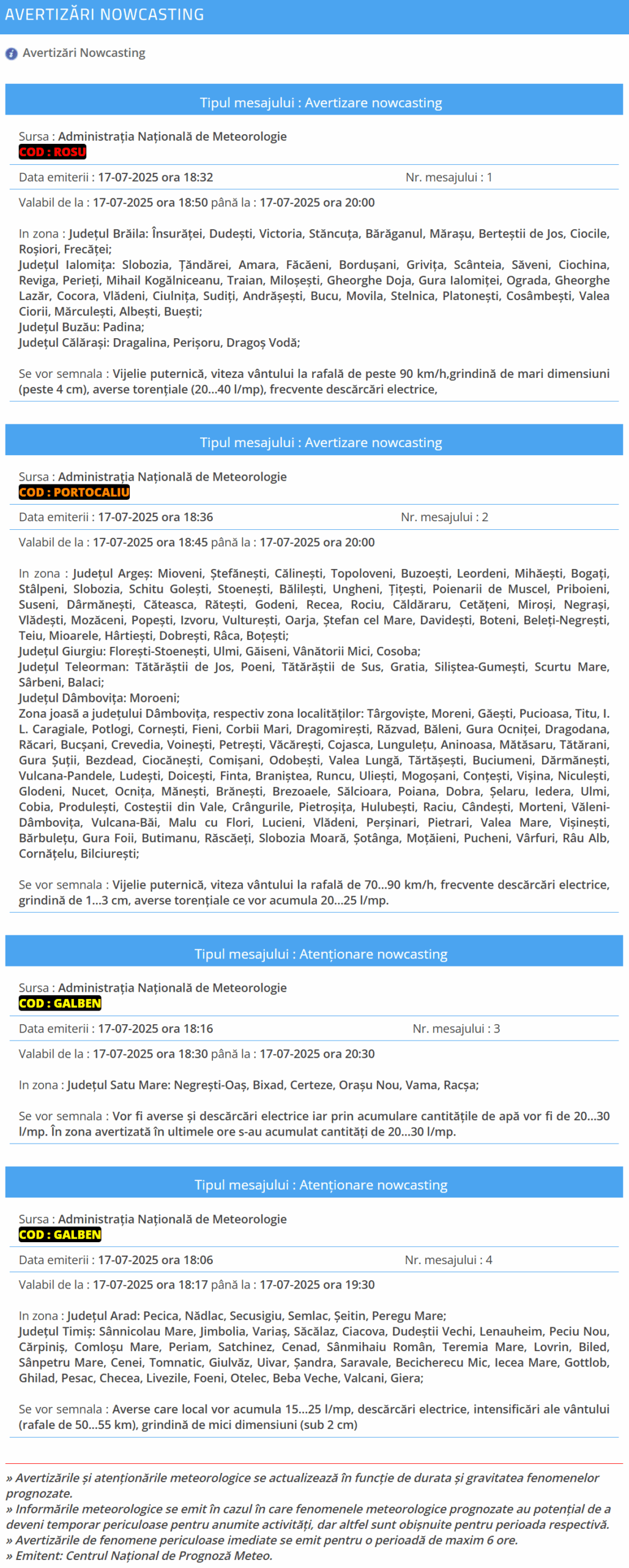 Multiple avertizări meteo au fost emise în această seară de către Administrația Națională de Meteorologie din România, inclusiv prin sistemul RO-ALERT. S-a activat mai nou un Cod Roșu