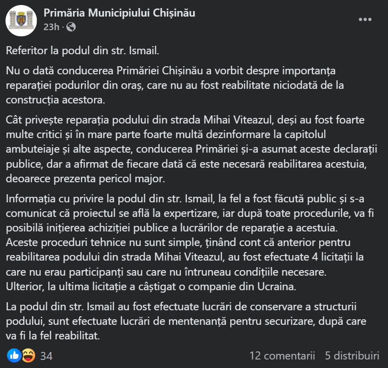 După incidentul de miercuri cu o bucată de beton desprinsă de sub podul din strada Ismail, Primăria Chișinău a venit cu o reacție.